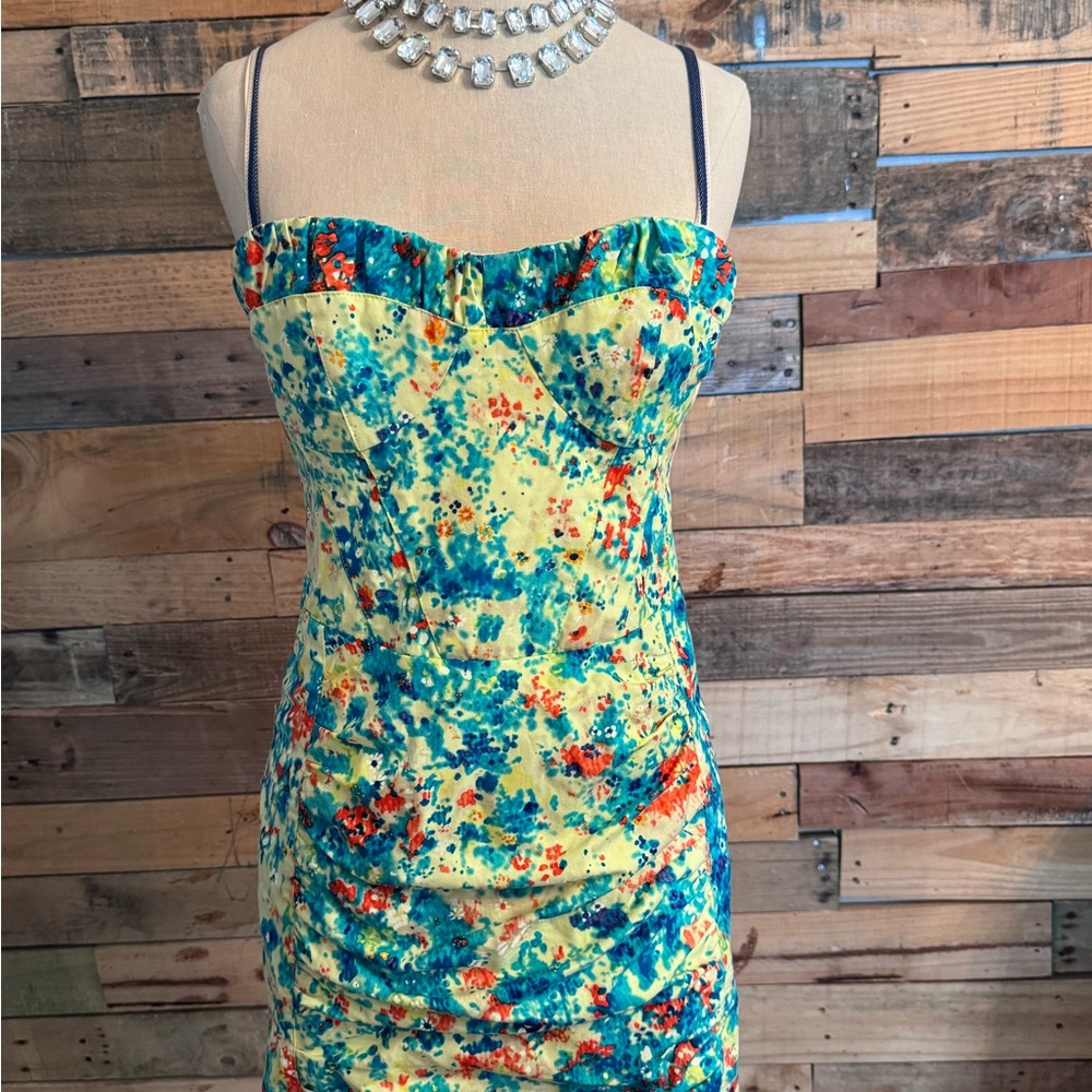 Nanette Lepore Blue Yellow Strapless Bodycon Dress